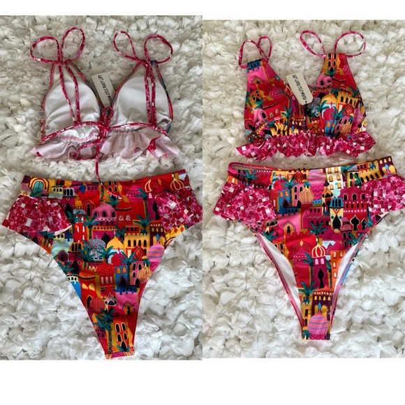 NWT Women High Waisted Swimsuit Ruffle V Neck Bikini Two Pieces Swimwear SIZE L - Picture 15 of 17